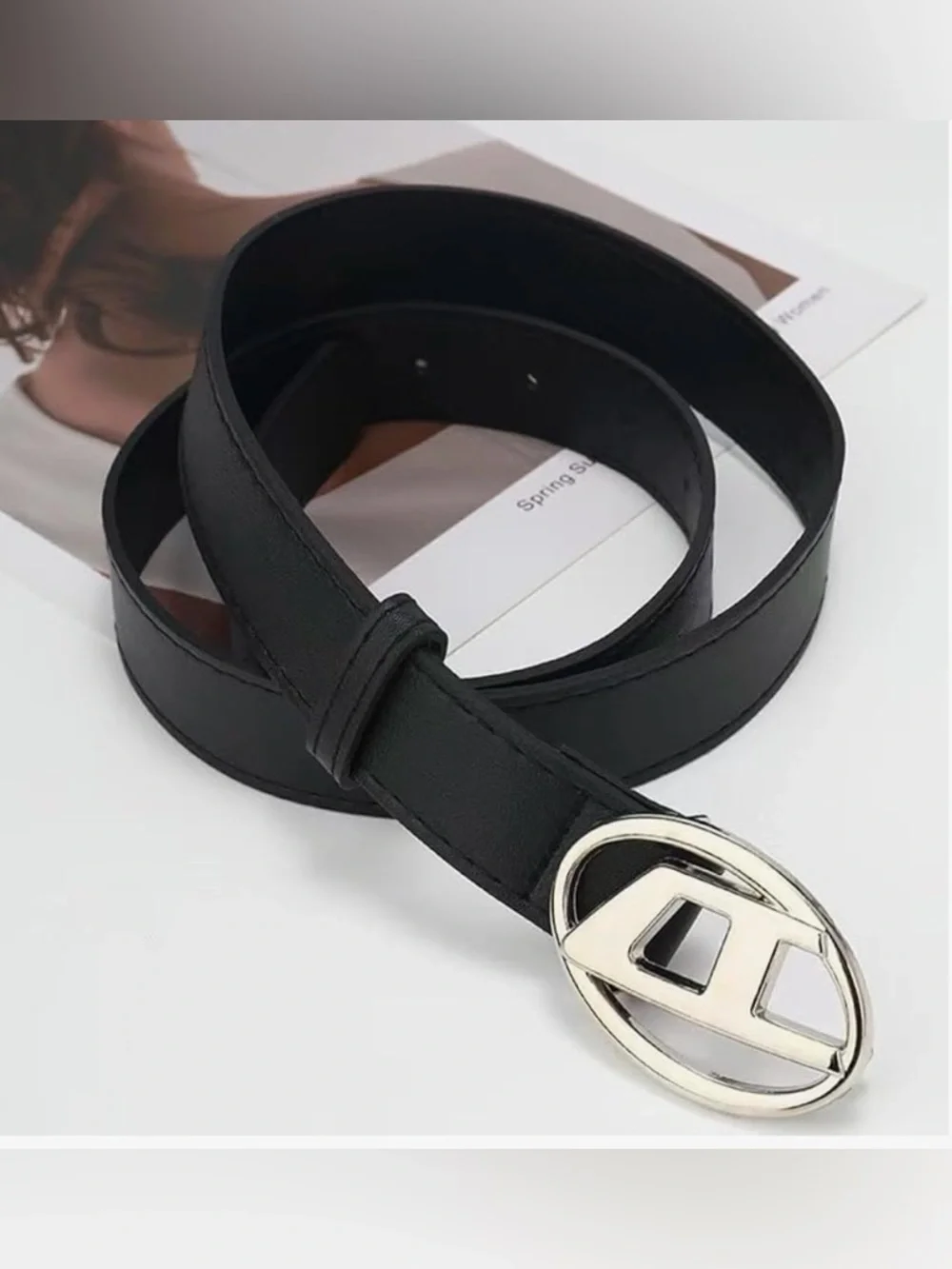 Trendy & Affordable Unisex Black Adjustable Belt with Silver tone Y2K Buckle.